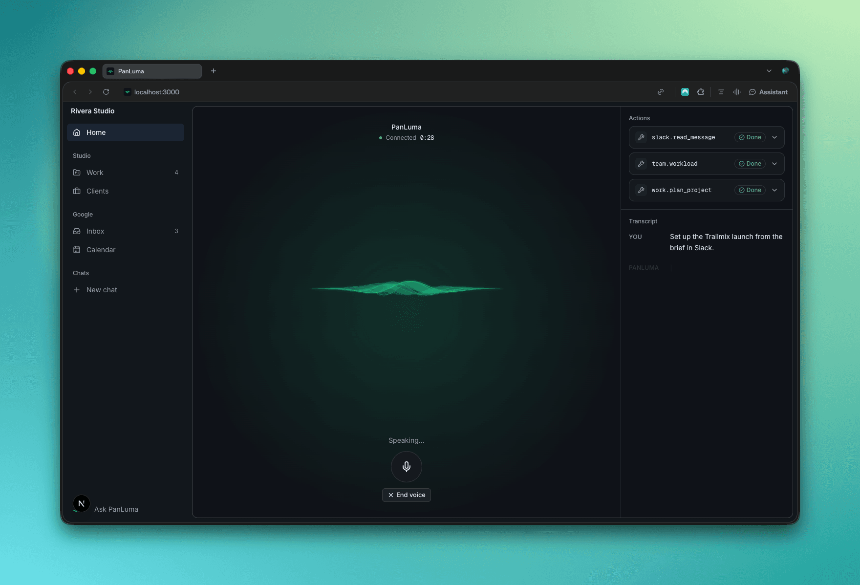 PanLuma voice mode: a waveform while the agent speaks, an Actions list with slack.read_message, team.workload and work.plan_project marked Done, and the live transcript